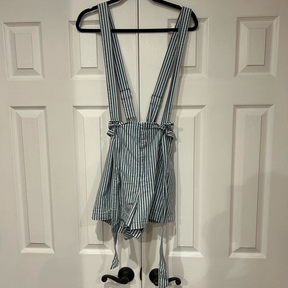 Kittenish Blue and White Striped Overall Shorts